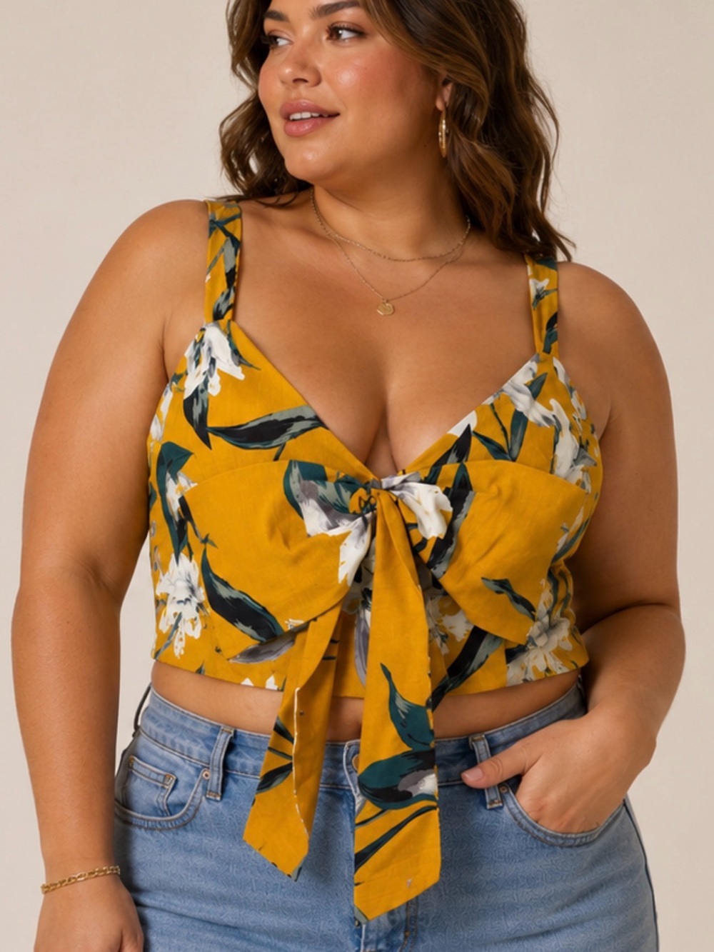 Leith Floral Tie Front Crop Top Women’s XXL Golden Yellow NWT